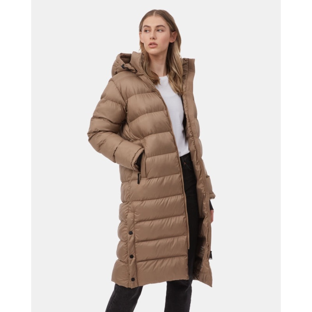 tentree Long Hooded Puffer Coat in Taupe Brown